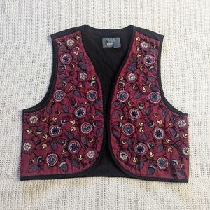 VTG LIZWEAR Vest Beaded Embroidered  Open Front Women's Medium Maroon Black